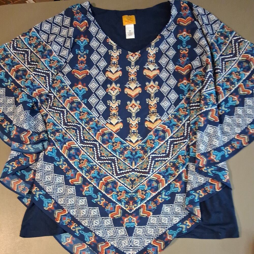 Ruby Rd Go West Butterfly Batwing Top Navy Southwest Pattern Shirt V Neck 2X